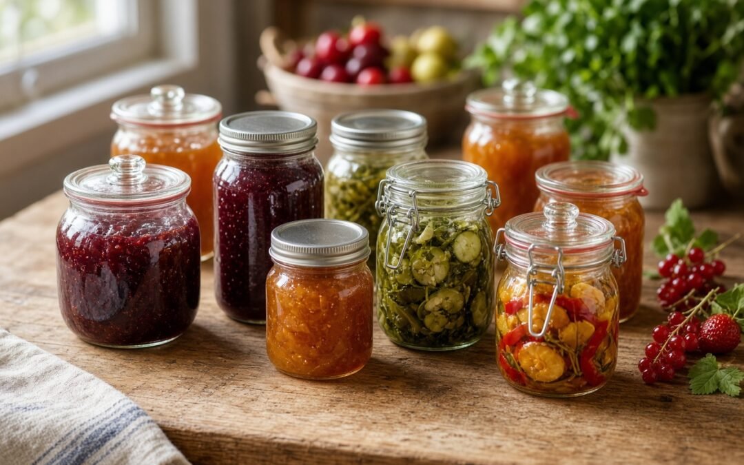 Verschiedene Einmachgläser mit Twist-off-, Bügel- und Rundrandverschluss gefüllt mit Marmelade, Gemüse und Obst auf einer Küchenarbeitsplatte