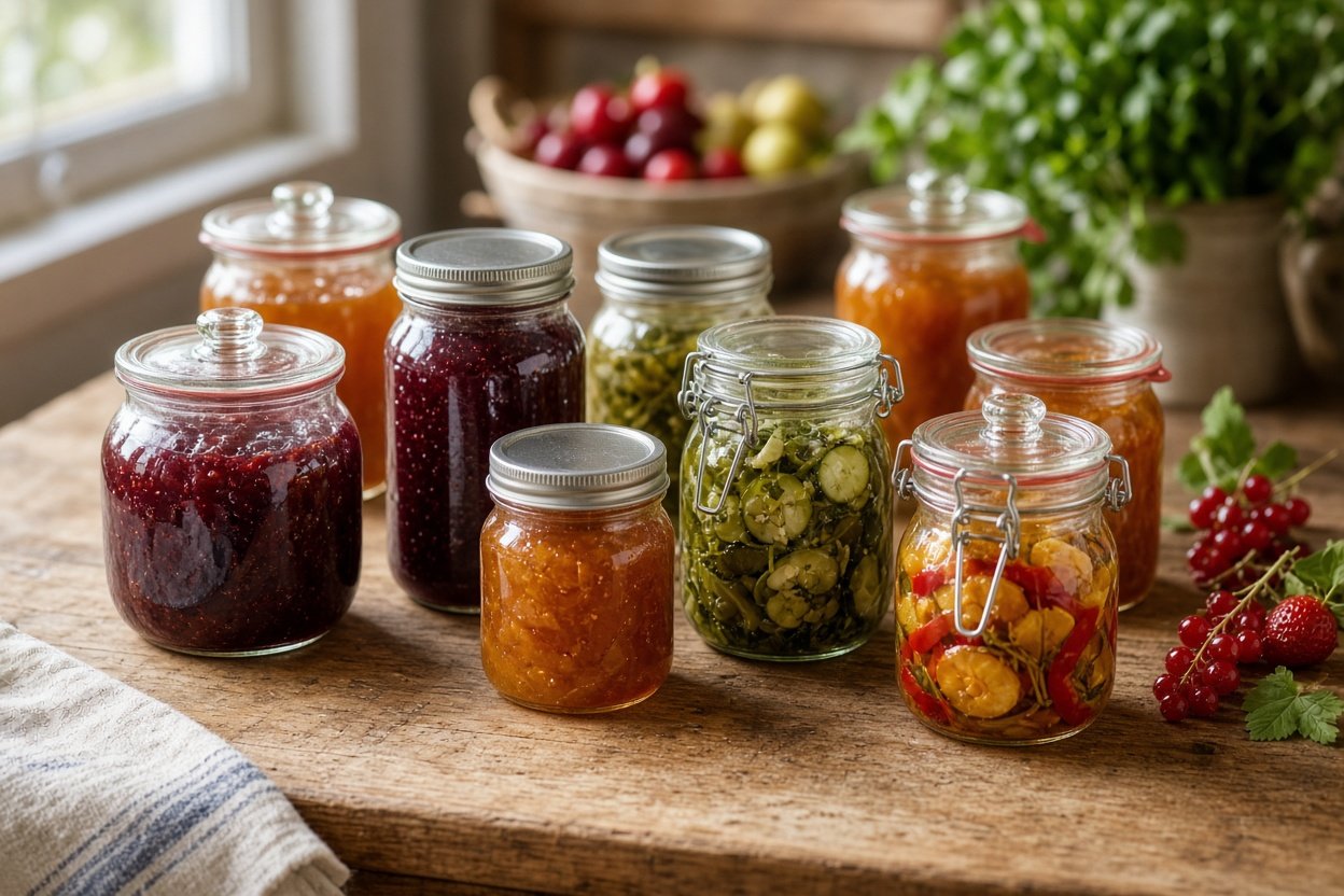 Verschiedene Einmachgläser mit Twist-off-, Bügel- und Rundrandverschluss gefüllt mit Marmelade, Gemüse und Obst auf einer Küchenarbeitsplatte