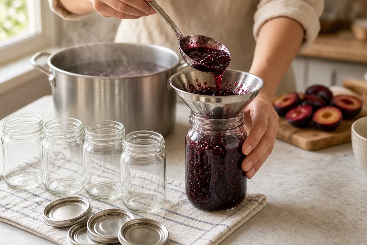 Hände füllen heiße Marmelade mit Einfülltrichter in ein sterilisiertes Einmachglas in einer hellen Küche