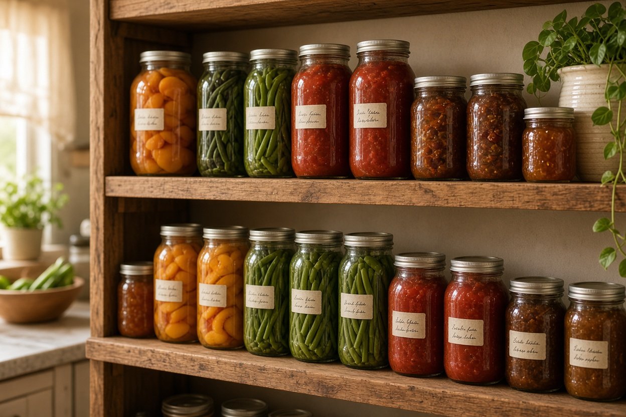 Vorratsregal mit beschrifteten Einmachgläsern voller Obst, Gemüse und Chutney in verschiedenen Größen