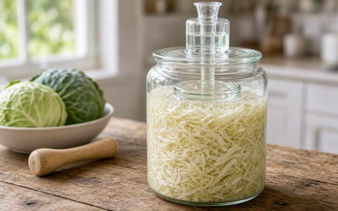 Fermentierglas mit Sauerkraut, Gärventil und Glasbeschwerung auf einer Holzarbeitsplatte in der Küche