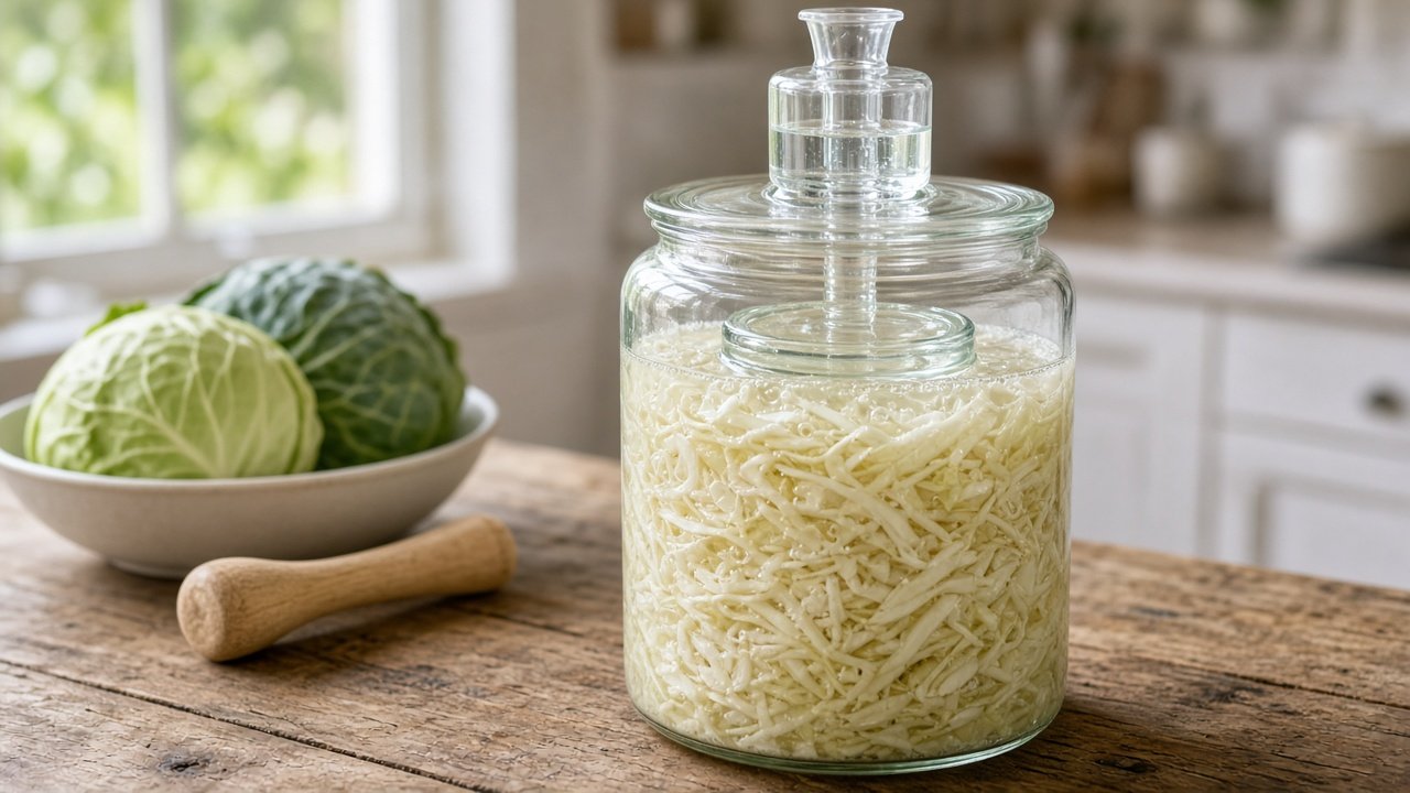 Fermentierglas mit Sauerkraut, Gärventil und Glasbeschwerung auf einer Holzarbeitsplatte in der Küche
