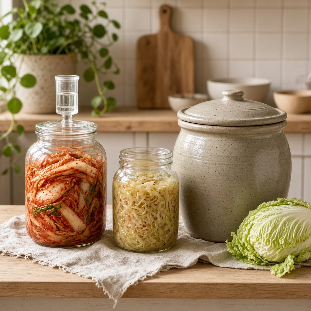 Verschiedene Fermentiergefäße mit Kimchi und Sauerkraut im Vergleich auf einem Küchenregal