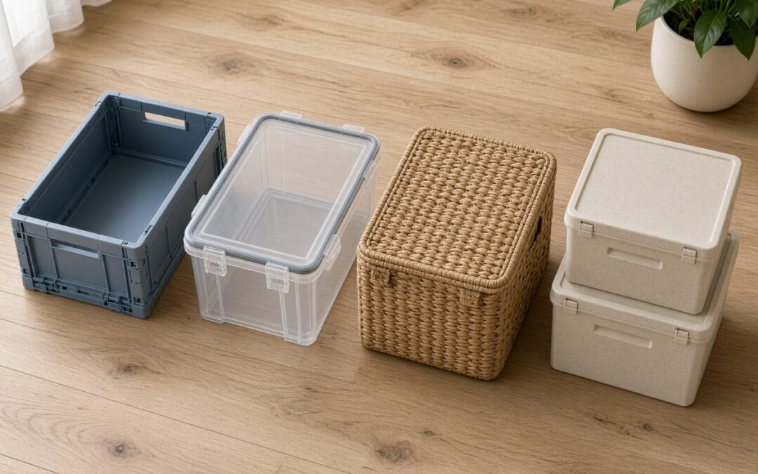Fünf nachhaltige Aufbewahrungsboxen aus Recycling-Kunststoff und Wasserhyazinthe im Vergleich auf einem Holzboden