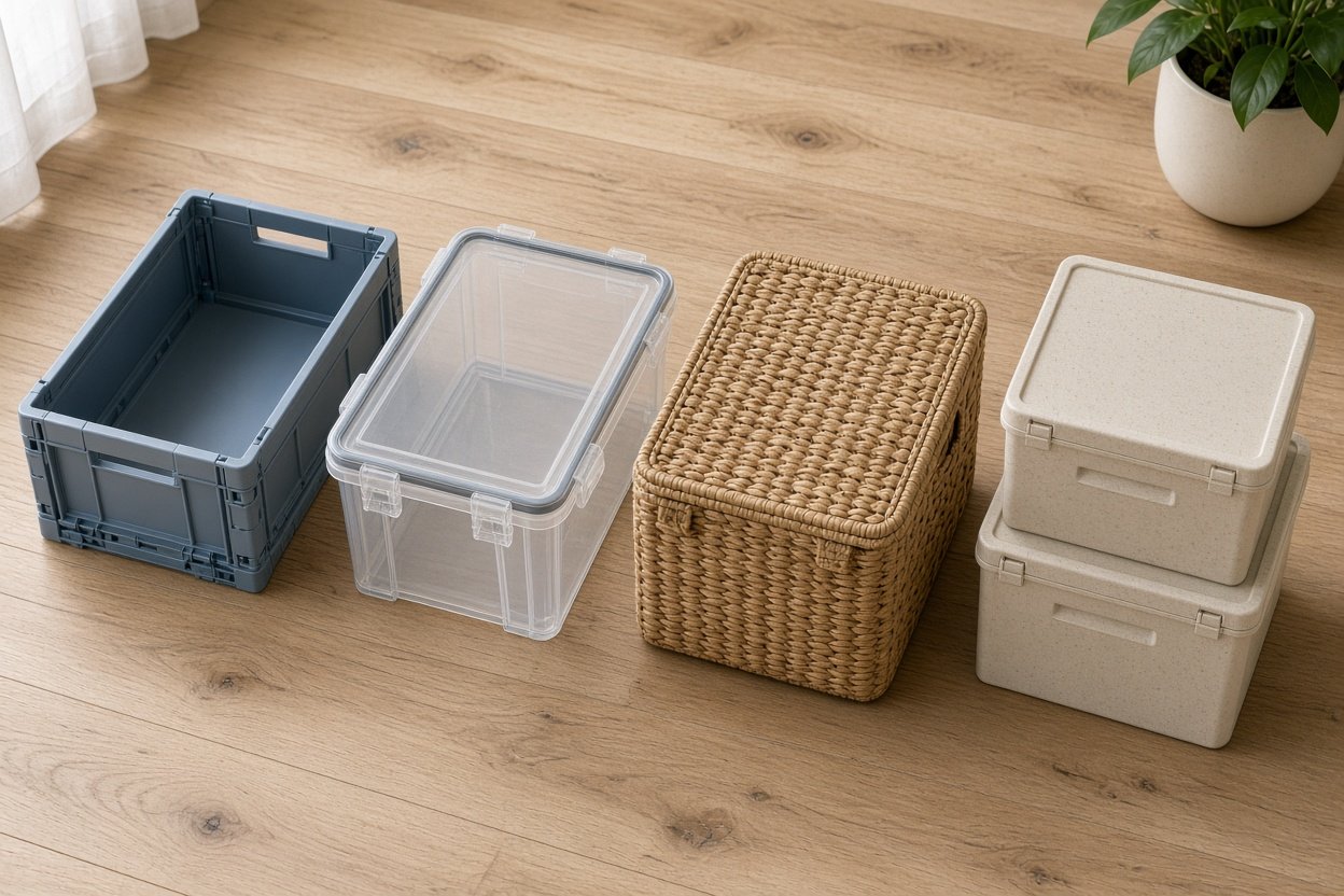 Fünf nachhaltige Aufbewahrungsboxen aus Recycling-Kunststoff und Wasserhyazinthe im Vergleich auf einem Holzboden