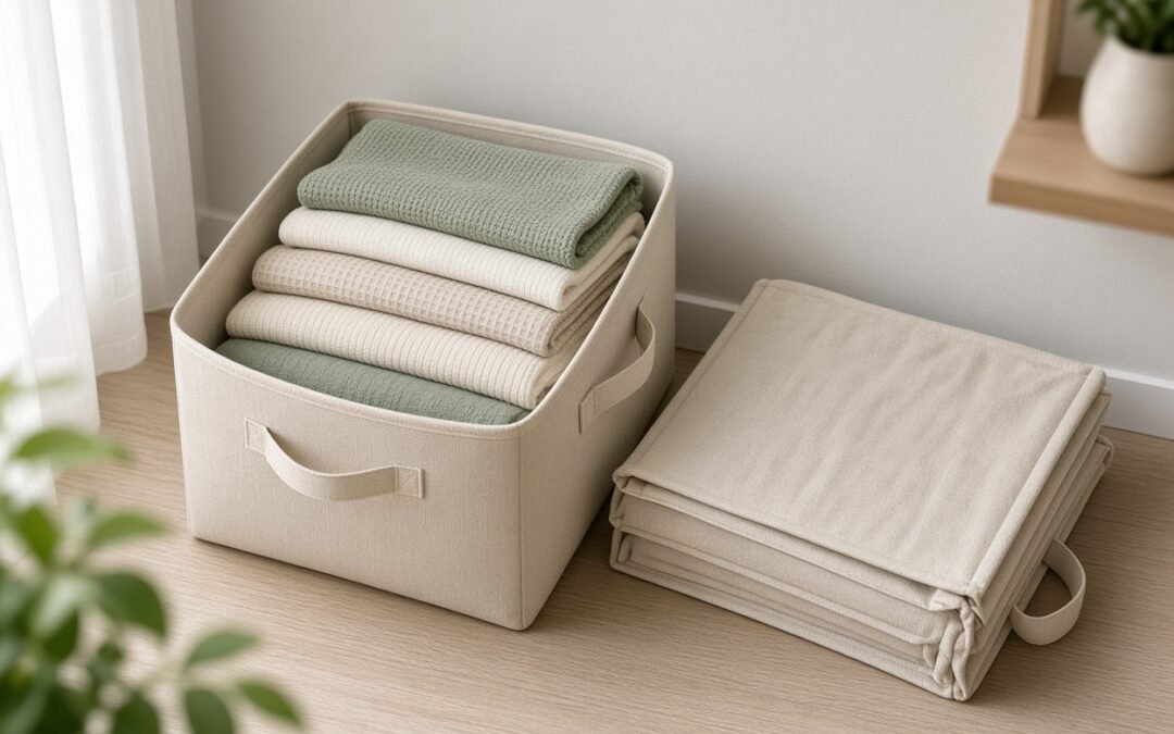 Faltbare Aufbewahrungsbox aus Stoff gefüllt neben einer flach zusammengelegten Box in einem aufgeräumten Wohnbereich