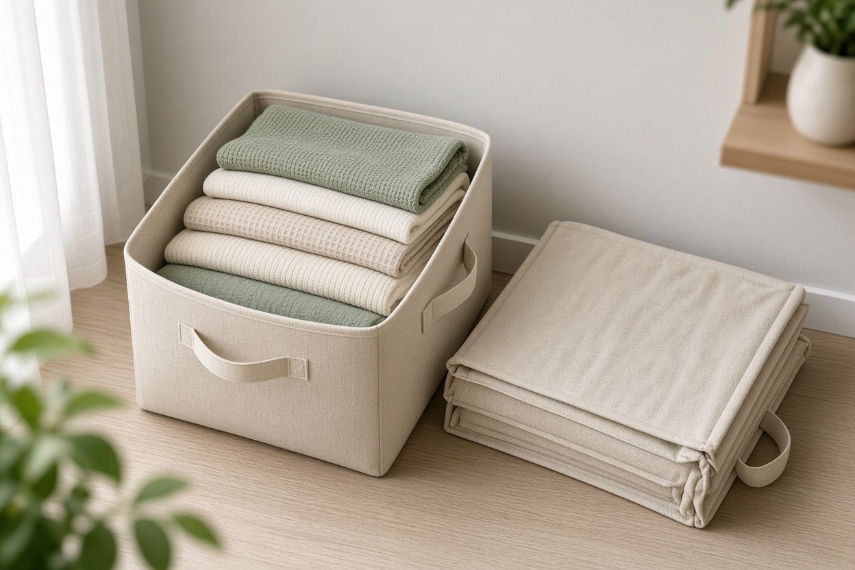 Faltbare Aufbewahrungsbox aus Stoff gefüllt neben einer flach zusammengelegten Box in einem aufgeräumten Wohnbereich