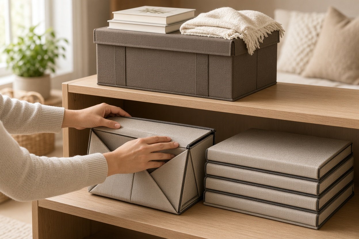 Hände legen eine faltbare Aufbewahrungsbox flach zusammen, daneben ein Stapel flacher Boxen im Regal