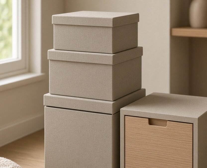 Modulare Stapelbox-Systeme in verschiedenen Höhen sauber gestapelt in einer aufgeräumten Stauraum-Ecke