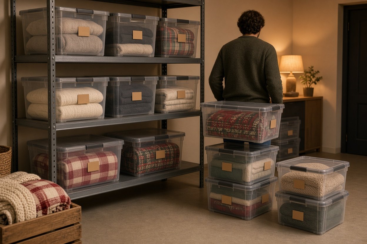 Aufgeräumter Keller mit gestapelten Lagerboxen für Saisonware auf Regal und Boden