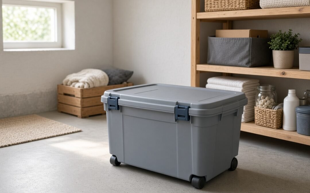 Große graue Aufbewahrungsbox mit Rollen und Klickverschluss im aufgeräumten Keller neben Holzregalen
