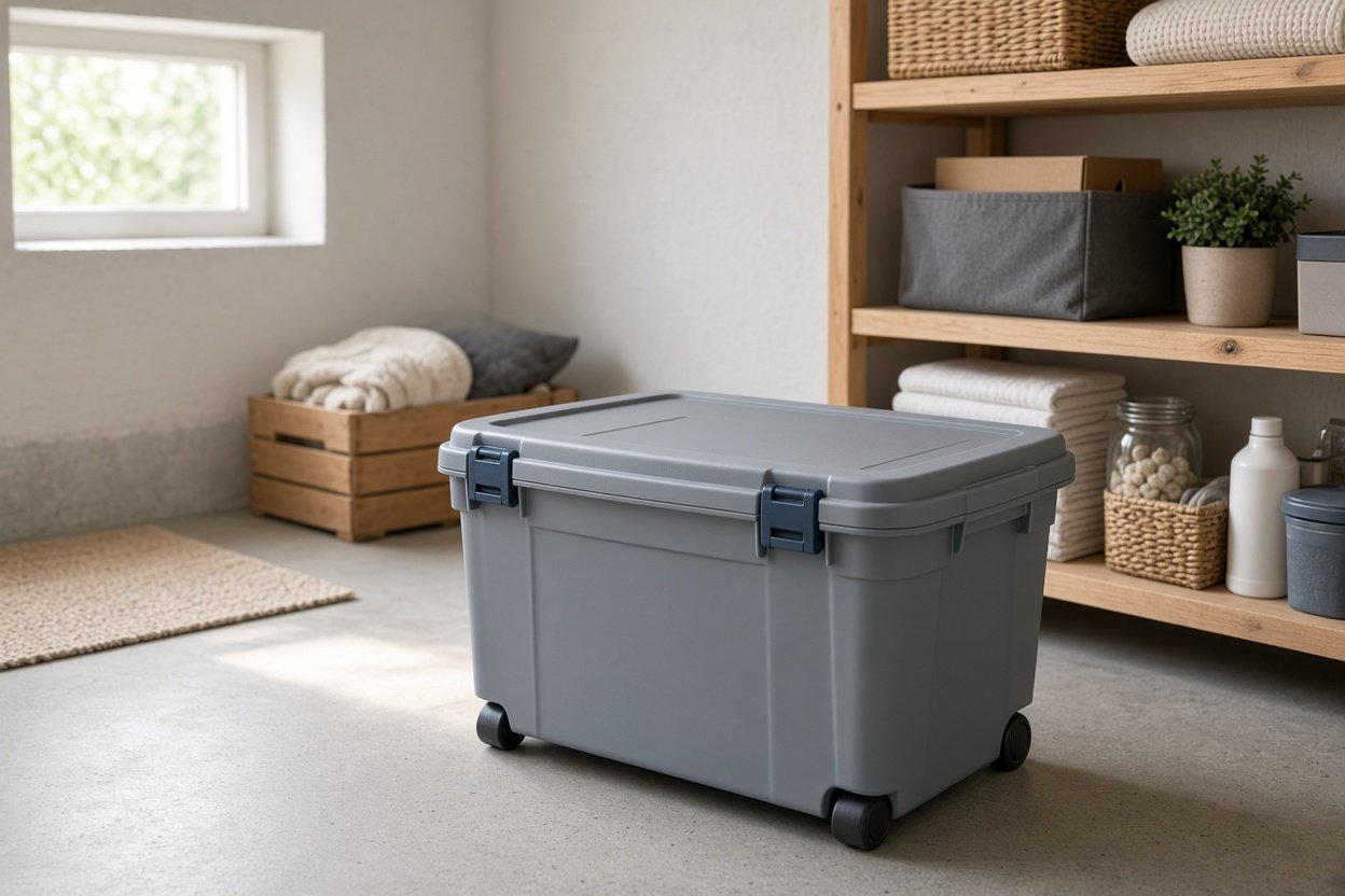 Große graue Aufbewahrungsbox mit Rollen und Klickverschluss im aufgeräumten Keller neben Holzregalen