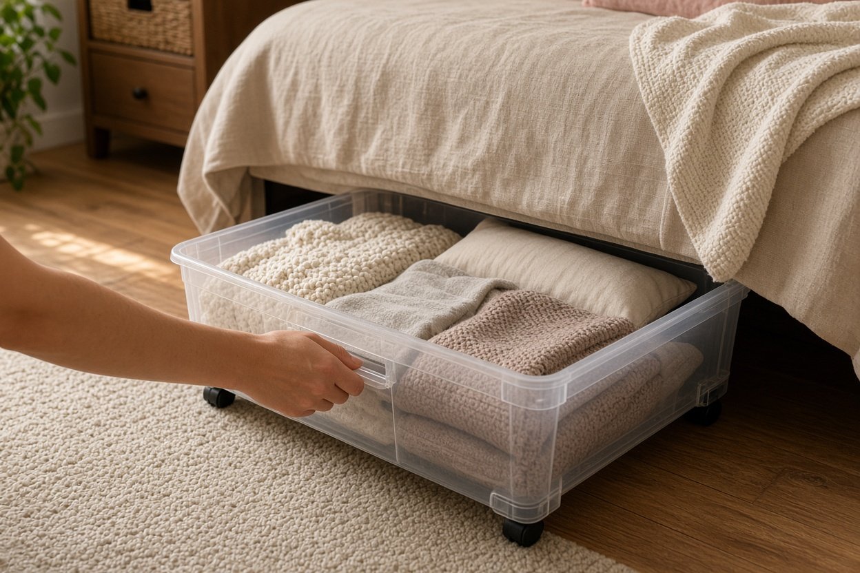 Flache Aufbewahrungsbox mit Rollen wird unter dem Bett hervorgezogen, gefüllt mit Decken und Kissen
