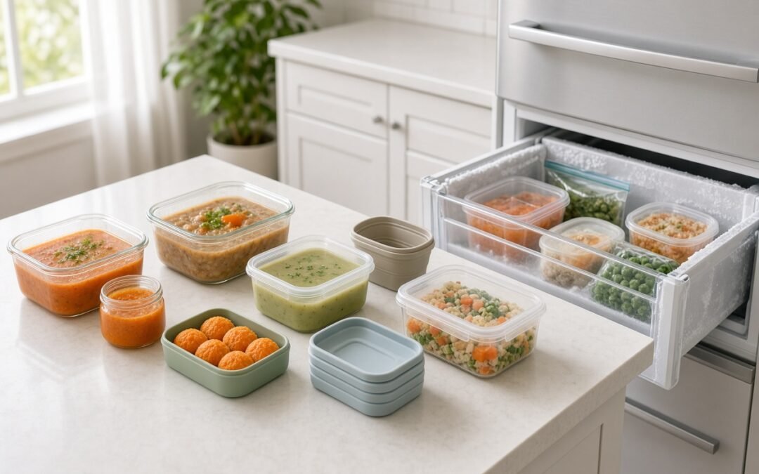 Verschiedene Gefrierdosen aus Glas, Kunststoff und Silikon mit portioniertem Essen auf einer Küchenarbeitsplatte neben einer Gefriertruhe