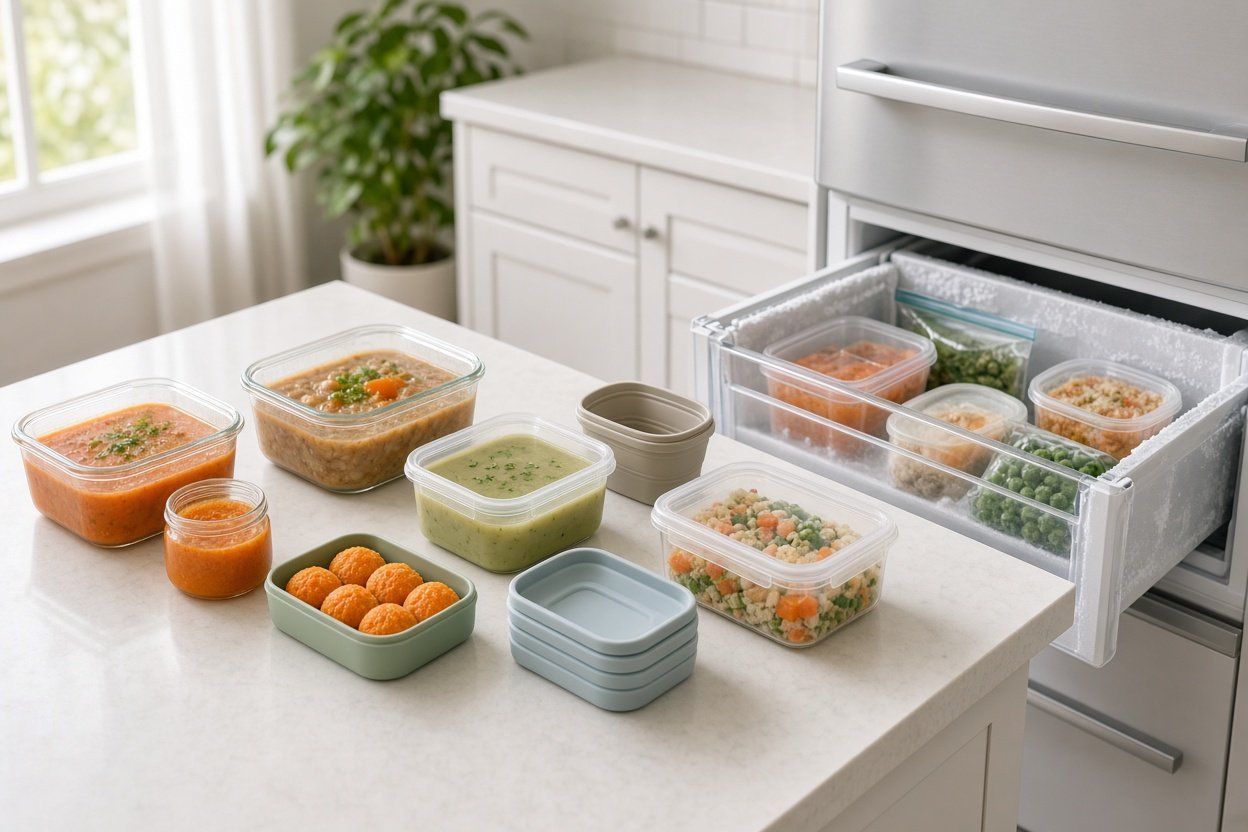 Verschiedene Gefrierdosen aus Glas, Kunststoff und Silikon mit portioniertem Essen auf einer Küchenarbeitsplatte neben einer Gefriertruhe
