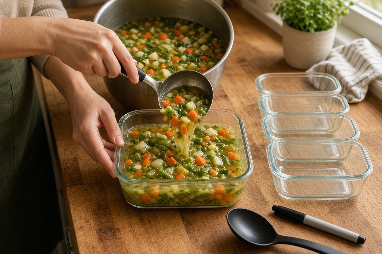 Hände füllen selbstgekochte Gemüsesuppe in eine Gefrierdose aus Glas zum Einfrieren